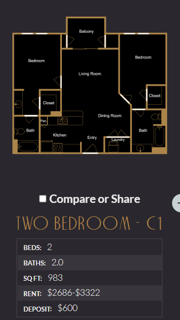 Floor plan for 2 beds, 2 baths, 1030 sqft